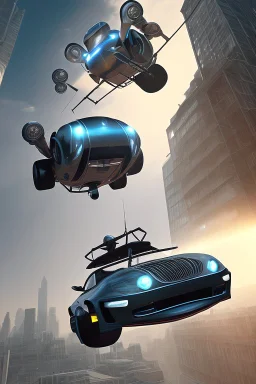 A flying car being drived by a robot between buildings in future city.