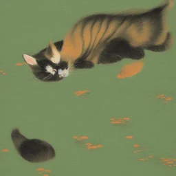 a cat dreaming of duckweed as traditional japanese painting