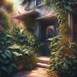 Magical home defense plants, home robbers trying to break into a house being accosted by magical aggressive shrub, photorealism, expansive, palpable textures, rich sharp colors