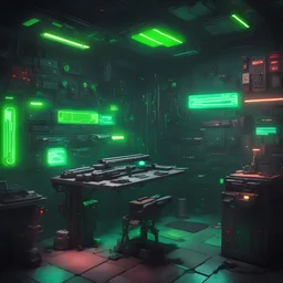 cyberpunk gun crafting station, green lights, sci-fi room