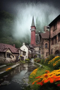 medieval village, ornate, beautiful, atmosphere, vibe, mist, smoke, chimney, rain, well, wet, pristine, puddles, red and yellow flowers, waterfall, melting, dripping, snow, creek, lush, ice, bridge, cart, orange, green, stained glass, forest, flowers, concept art illustration, volumetric lighting, volumetric clouds, color page, oil painting, trending on artstation