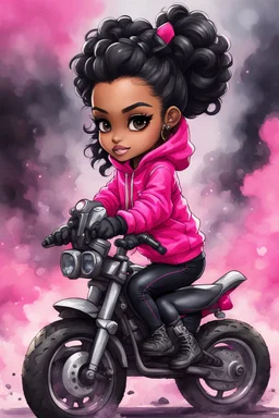 Create a watercolor illustration of a chibi cartoon full figure black female riding a sports motorcycle. She is wearing hot pink hoodie and black tights with biker boots. Prominent make up with log lashes and hazel eyes. Extremely highly detailed black shiny wavy hair up in a messy bun. Background of smoke surrounding her and the bike and she's at a bike show.