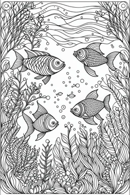 stress relief themed coloring page for adult, A whimsical underwater scene with colorful fish and gently swaying aquatic plants, cartoon style, thick outline, low details, no shading, no color