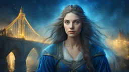 Old canvas, Portrait of a Medieval beautiful woman, loose hair, fantasy, night, fog, blue, city, bridge, sparkles, fine rendering, bright colors, high resolution, 3D, clear lines, photorealism,