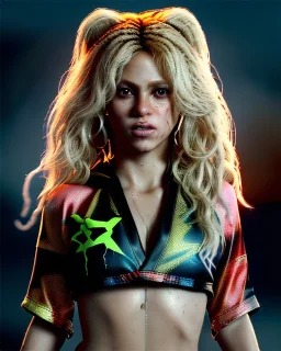 portrait, Shakira, blonde artist, angry, Realistic image, MMA robe, hoodie, mma globes, band aid, loose long hair, eyes make up, line gold make up, glow, circle iris. Rain, fog, Neon colors, leds. Dark background, photo studio, concept art, smooth, unreal engine 5, god lights, ray tracing, RTX, lumen lighting, ultra detail, volumetric lighting, 3d, finely drawn, high definition, 4k.