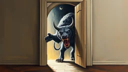 Symbolic painting of a beast escaping through a door