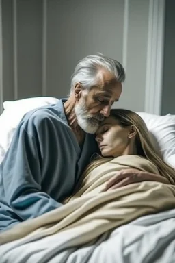 dying man in the hospital. woman hugging his dead body