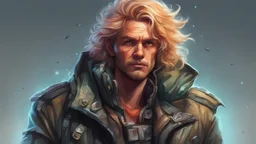 Personnage de science-fiction de haute qualité Portrait d'un chasseur de primes aux cheveux décolorés dans un blouson aviateur. Illustré dans le style de Disney