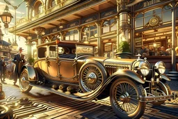 Vintage postcard, steampunk car on the sunlight, In the background is an Art Noveau style cafe with a terrace, DSLR camera Sony Alpha 7 50mm 1.8, medium shot,high-resolution image with fine details, dystopian, cable electric wires, microchip, anatomical, polished, porcelain, citrine, ultra detailed, ultra realistic, extremely realistic, intricate, photorealistic, epic composition, masterpiece, H.R.Giger style