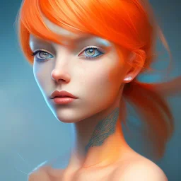 femme corps entier,cheveux orange,yeux bleus,peau bleau,combinaison spatiale,