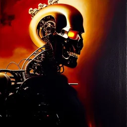 Drawing of 'Terminator T-800 Endoskeleton' painting by gaston bussiere, greg rutkowski, yoji shinkawa, yoshitaka amano, tsutomu nihei, donato giancola, tim hildebrandt,KyuYong Eom,Ren Wei Pan Oil on canvas, cinematic composition, extreme detail,fit full head inside picture,16k