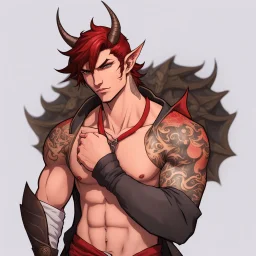 A Young Adult Male. A unique blend of Wood Elf and Red Tiefling features. His handsome face contrasts with the Yakuza dragon tattoos that completly cover his back, arms, and legs. He is wearing a torn coat. A physique that is strong and well-built, resembling a Fighter.