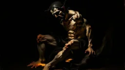 Desnudo artístico inspirado en Saturno devorando a su hijo de Francisco de Goya → Fotografía expresionista oscura → Estética de las Pinturas Negras → Lenguaje visual de la atrocidad, la deformidad física por la pasión ciega y el desgarro cárnico → Composición en una penumbra abismal con una figura de proporciones violentas emergiendo → Iluminación focalizada, dura y espectral que incide directamente sobre la violencia de la acción → Paleta de negros absolutos, ocres sucios, grises tierra y el ro