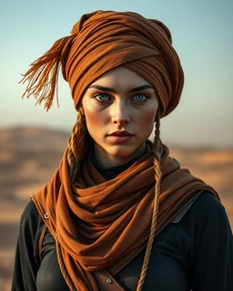 Dune Movie character ,fullbody stand on the desert Young Woman Warrior futuristic clothing turban,deep blue eyes in Dune Movie Character