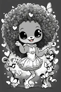 create a coloring page of a chibi puppy with a curly afro ponytails dancing around hearts and butterflies. she smiles while shes playing , black and white