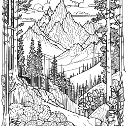 Outline art for coloring page with a cute mountain landscape white background, sketch style, only use outline, clean line art, white background, no shadows, clear outline reprezentand o imagine pe tema halucinatiilor provocate de droguri , cu culori primare tari, fantezie de înaltă definiție calitate clară, stiluri de Utagawa Hiroshige, Paul Klee Dee Nickerson și Tim Burton, acuarelă topită și contururi de cerneală neagră pe hârtie umedă, linii moi, umbrite