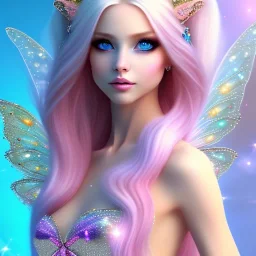  beautiful, soft, whide smile face,whole head, long blonde straight hair, blue eyes, fairy wings on the back, transparent crystal blue and pink clothes, background blue and pink, big definition, 8K