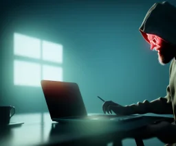 a hacker coding on his laptop in a dark room, golden fog