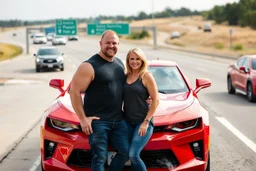 make a pic with bodybuilder Knut Spildrejorde from Norway and his wife Jeanette, they are standing front of his new red car Chevrolet Camaro, busy highway in Texas in the background