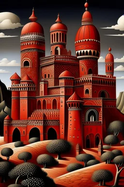 A red volcanic castle designed in African pottery painted by Edward Hicks