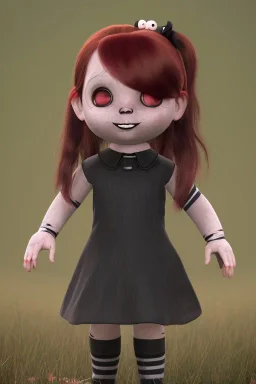 Wednesday Addams toddler, red hair, full body, jump, bokeh, hyper realistic