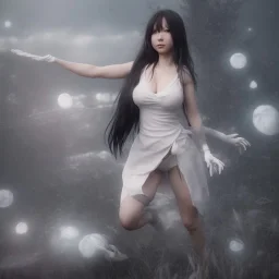 hitomi tanaka, full body, dress white, long black hair, vilage, realistic, intriacte detail, sci-fi fantasy style, volumetric lighting, particales,highly detailed,cinamatic, deep colours,8k