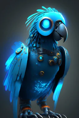 robot parrot with blue glowing eyes