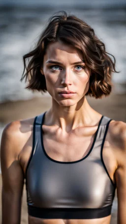 beautiful anorexic young woman, total shot, short shiny grey triathlon swimsuit, short brunette wavy bob hair, blurred beach background