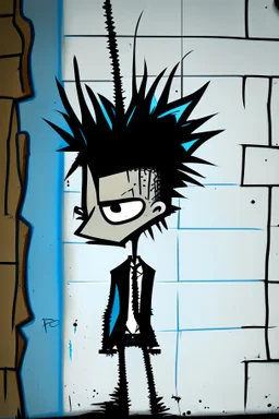 2d drawing of a stickman, cool with punk hair, x eyes like in hangman, smart suit, leaning against a wall,3d realistic in colour