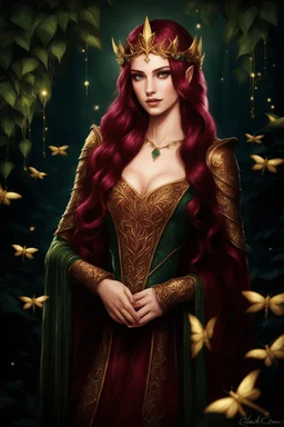 Dark green hair,rapunzel hair,very long hair,ivy,lillies of the valley,dark green,burgundy,golden armor,night,dragonflies,sparkle,elven crown,elven ears,gold