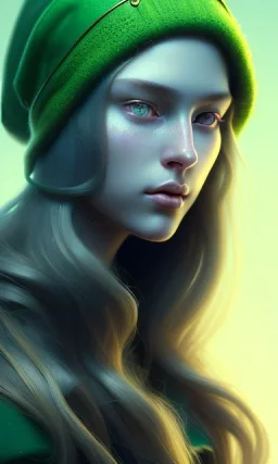 girl, cute, beautiful, long hair, wavy hair, green hair, blue eyes, green beanie, green coat, black tee shirt, green shorts, head and shoulders portrait, 8k resolution concept art portrait by Greg Rutkowski, Artgerm, WLOP, Alphonse Mucha dynamic lighting hyperdetailed intricately detailed