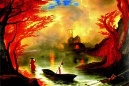 The red hot River Styx leading to hades, Charon, high detail, Impressionist painting, fine detail, high quality,