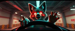 car driving happy 2d neon fluffy orc fox with human hands in the style of Escher and Giger and Fallout 4, pinhole cam, airbrush 3d rendering, on tv screen:A five-second cinematic single take in a clean industrial presentation hall.