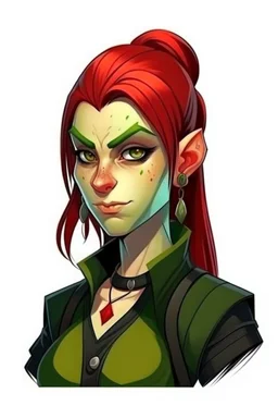 very smart half orc teenaged tomboy woman, shes strong and not pretty, her hair is dark red and mid length, she wears an earring and black clothing with green skin and pointed teeth, realistic style