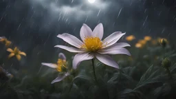 close-up of fragile flower in a storm. in flower forest at night, perfect composition, hyperrealistic, super detailed, 8k, high quality, trending art, trending on artstation, sharp focus, studio photo, intricate details, highly detailed, by greg rutkowski