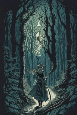 in the style of a Henry Justice Ford drawing, a beautiful witch walks through a dark forest