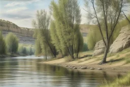River scene by grey cliffs and trees in pastel chalk