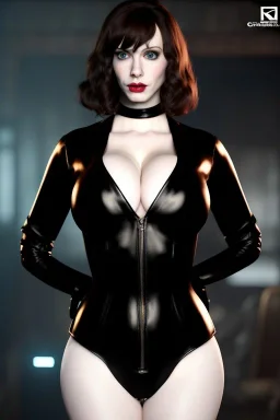 Christina Hendricks dressed in black leather catsuit, with a whip in her hand, inside a dungeon, busty, cleavage, angry, stern look, volumetric lighting, particales,highly detailed,cinematic, deep colours,8