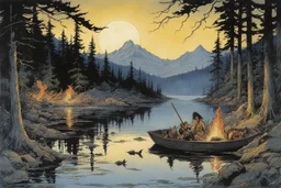 [art by Michael Kaluta] Darkness descended upon the tranquil lake as campers shared stories around the crackling fire. Unbeknownst to them, a beastly lizard lurked in the shadows, crouching with predatory intent. The eerie scene unfolded with the shimmering lake, darting fish, and a sudden attack that plunged the camp into chaos and terror. The battle for survival began, blurring the line between man and beast in the heart of the dark forest.