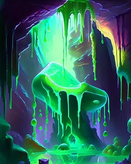 a slimy dripping gelatinous cube in vast cavern room painterly