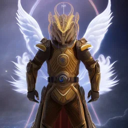 The first image is of the main character's full body. He’s to look like a powerful angel, symbols on his hands glowing, His background should be that of space above with stars and standing on a paradise of a planet. His belt can transform into a white dragon.