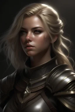 create a female half-elf from dungeons and dragons, medium ash blond hair, shoulder length hair, dark grey eyes, windswept hair, wearing leather armor that also looks studded, realistic, digital art, high resolution, strong lighting
