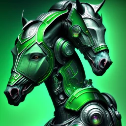 A beautiful portrait of a cyborg horse green color scheme, high key lighting, volumetric light high details psychedelic background