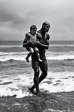 serious bipedal gillman walking out of the surf onto a beach carrying a drooping knocked out soaking wet child in both arms, surrealist photography with high film grain, perfect anatomy, detailed, unsettling, gnarly, WTF, background of an ocean with heavy surf