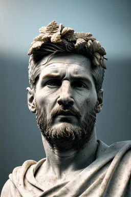 Ultra Realistic image, Roman sculpture, clean white marble material, Lionel Messi, Laurel leaves wreath, gold ornaments, chisel style, waist up portrait, epic, celestial, cinematic lighting, god rays, 4k resolution, smooth details, soft lighting, unreal engine 5, blue sky background.