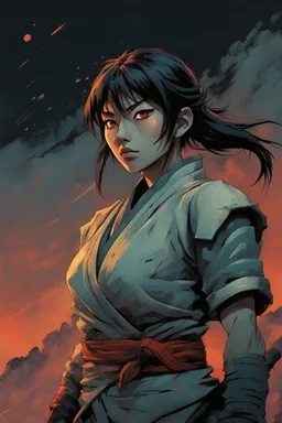 Original anime Japanese female kungfu warrior main character . Studio ghibli style mixed with Frank Frazetta. Mobius style background. Iconic character design. Dynamic silhouette . Unique features. Make the eyes the focal point. Dystopian sci-fi . Stone cold killer. Brilliant use of color theory and cinematic lighting. cubism style