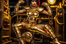 Cleopatra, with a bob hairstyle, in a steampunk setting, gold boots, in a fighting stance