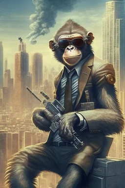 criminal monkey with a machinegun and sunglasses. Realistic image, City Background, monkey wearing a suit, smoking a cigar