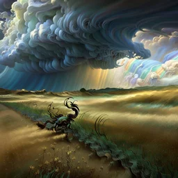 A collaboration between Salvador Dali, Vincent Van Gogh, and Jean Baptiste Monge. Swirling rainbow storm clouds over a vast field of long grass and plentiful flowers swaying in the winds. Modifiers: highly detailed elegant extremely detailed fantasy intricate high detail fantastic view close up ultra detailed