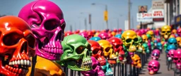 a field of skulls, multi colored, bright, vivid, psychedelic, high detailed, high gloss, insanely detailed, matte, horrorcore, lining the street, unsettling contrast, monument to death, grim reaper parade